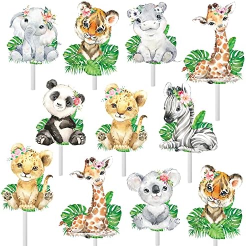 48pcs Jungle Safari Animal Cupcake Toppers Wild One Animal Birthday Cake Toppers Jungle Party Decoration for Safari Animal Theme Birthday Party Baby Shower Supplies