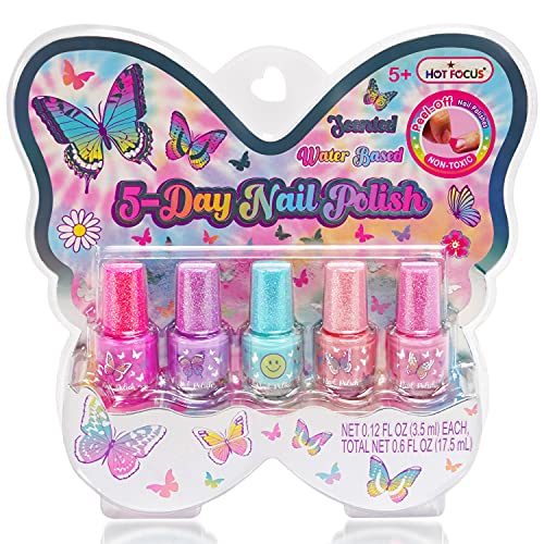 Hot Focus Kids Nail Polish Set for Girls â€” 5 Piece Colorful Scented Water Based Nail Polish, Washable Quick-Dry & Peel Off Nail Polish for Kids, Fun and Creative Set for Pretend Spa and Salon Days