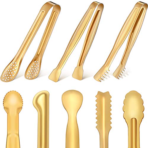 8 Pieces Mini Serving Tongs Set Small Kitchen Appetizer Tongs Stainless Steel Sugar Cube Tongs for Tea Party Coffee Bar Cooking Gold