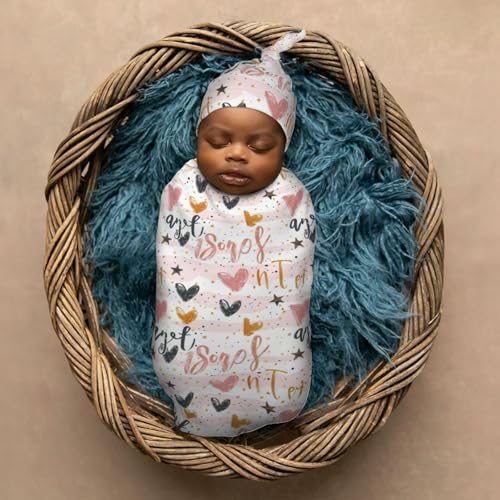 Image of Hand Drawn Gold Heart Newborn Swaddle Blankets Hat Sets Soft Baby Receiving Blanket Swaddle Sack for Baby Shower Infant Boy Girl Gift