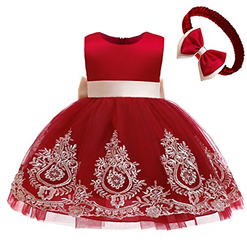 Image of CMMCHAAH 0-6T Baby Girls Pageant Lace Embroidery Dresses Toddler Party Bowknot Tutu Gown Dress with Headwear