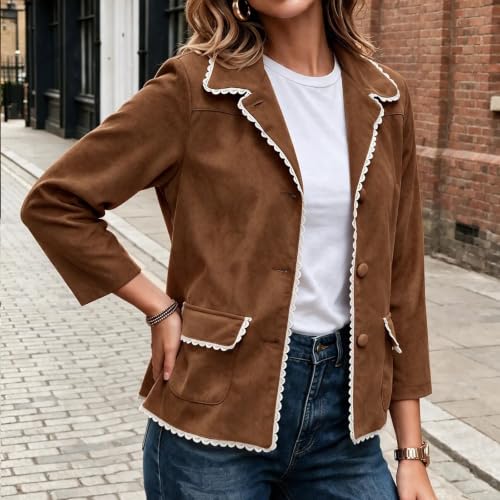 Faux Suede Jacket Women Trendy Casual Lace Scalloped Lapel Button Down Coat - image 5