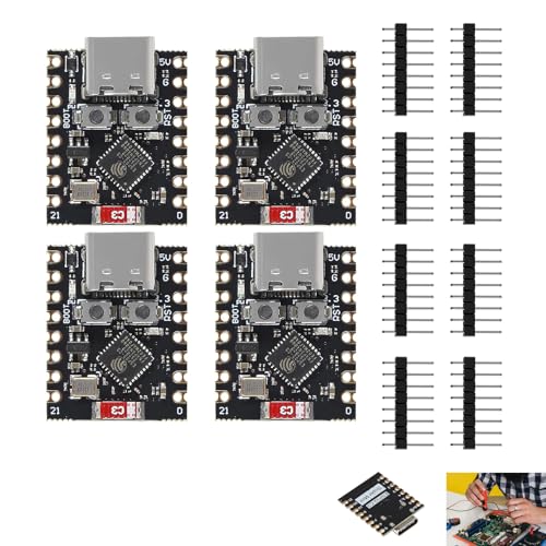 4 Piezas Placa Desarrollo ESP32-C3, Placa ESP32-C3 Mini, Módulo WiFi y Bluetooth 5.0, Chip RISC-V 32 bits, Compatible con MicroPython y Arduino, para Proyectos IoT, Smart Home y Redes de Sensores