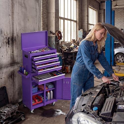 Image of Goplus Rolling Tool Chest, 5-Drawer Tool Box Organizer w /Lockable Wheels & Sliding Drawers & Detachable Top & Adjustable Shelf, Tool Storage Cabinet for Garage Workshop