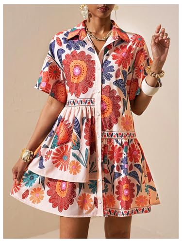 Image of SOLY HUX Women's Floral Button Down Shirt Dress Collared Short Sleeve Ruffle Babydoll Summer Boho Vacation Short Dresses