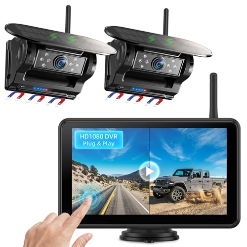eRapta Dual Magnetic Solar Wireless Backup Cameras: HD1080P 7 Touchscreen Portable with DVR BSD 1-Min Install-Free IR Night Vision Hitch Backup Camera for Trailer/Truck/Small RV/Camper/Tractor