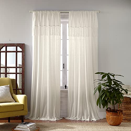 Elrene Macramé Tassel Semi Sheer Window Curtain Panel, Ivory, 52" W x 95" L (Pack of 1), W 52" x L 95" (1 Panels)