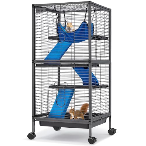 Fragess Small Animal Cage 45H Large Metal Rolling 4-Tiers Guinea Pig Cage Ferret Cage Rabbit Cage Chinchilla Cage for Rats/Hamsters 0.5 Bar Spacing with Removable Ramp & Platform (Medium)