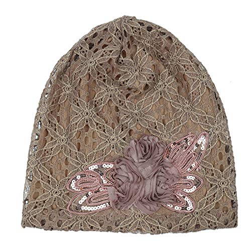 Women Fashion Lace Sequins Hollow Out Hat Butterfly Flower Decor Breathable Chemo Cap Head Cover Camel