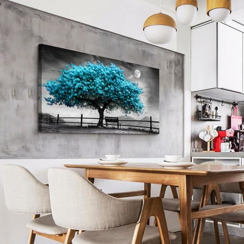 KELIYUAN Blue Tree Of Life Canvas Painting Living Room Office Bedroom Bathroom Wall Decoration Black And White Wall Art Print Modern Natural Tree Art Waterproof Can Be Directly Hung 20x40 In