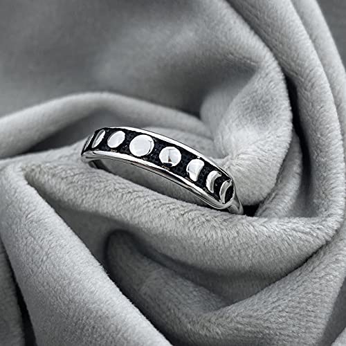 Stainless Steel Moon Round Shape Rings Retro Black Band Moon Phase Silver Wedding Ring Gift For Women&Men Size 6 #TOP2