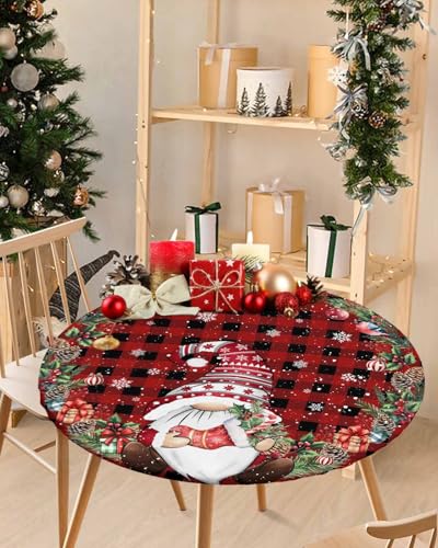 Christmas Gnome Round Table Cloth Fitted Tablecloth,Black Red Buffalo Plaid Table Cover with Elastic Edge Waterproof Table Cloth,Xmas Wreath Circle Table Covers for Kitchen Indoor Outdoor 36-44in