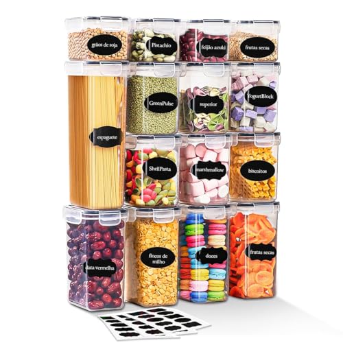 Kit de 15 Potes Herméticos para Mantimentos – Conjunto de 15 Unidades com Vedação de Silicone | Plástico Transparente BPA‑Free | Empilháveis – Organização de Cozinha e Despensa