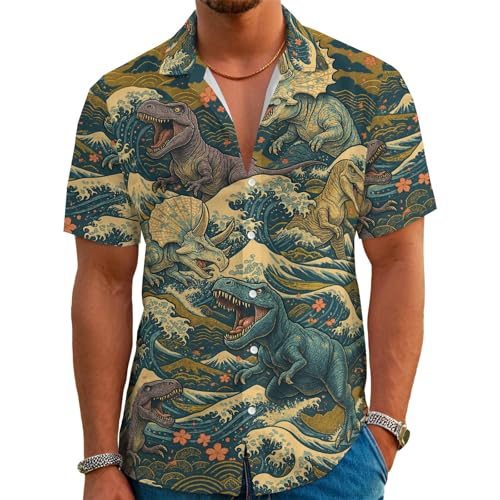 Men's Hawaiian Shirt Funny Dinosaur Aloha Shirt Short Sleeve Casual Button Down Shirt Summer Beach Vacation Party Tropical