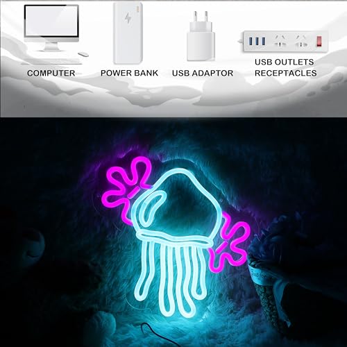 Image of Jellyfish Neon Sign Medusa Neon Light Jellyfish LED Neon Light Up Sign for Room Decor Ocean Style Room Wall Art 10.7 inchx11.4 inch