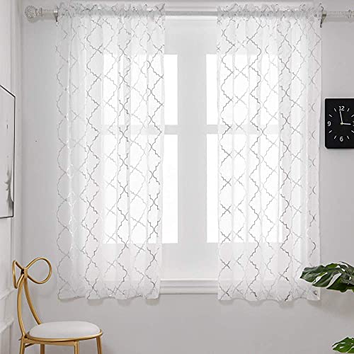 YJ YANJUN White Silver Kitchen Curtains 45 Inch Length Metallic Prin Short Curtains for Small Window Sheer Curtains 45 inch Length Set of 2 Panels 52 W x 45 L Inch White/Silver - Image 2