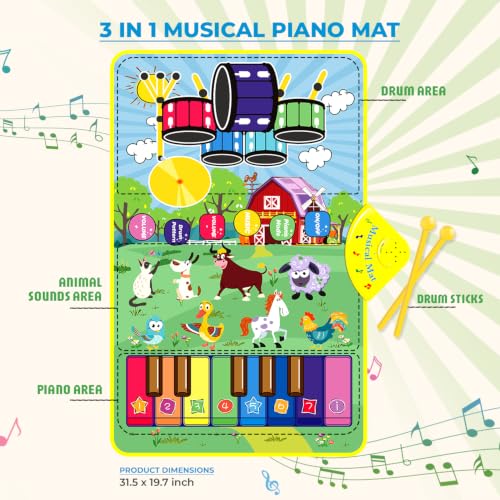 Image of 3-in-1 (Bull & Sheep ) Baby Piano Mat for , Piano & Drum Mat with 2 Sticks, Animal, Piano, and Drum Sounds, Educational Toy for 12 Months+, Ideal for 1-3 Year Toddler - Design