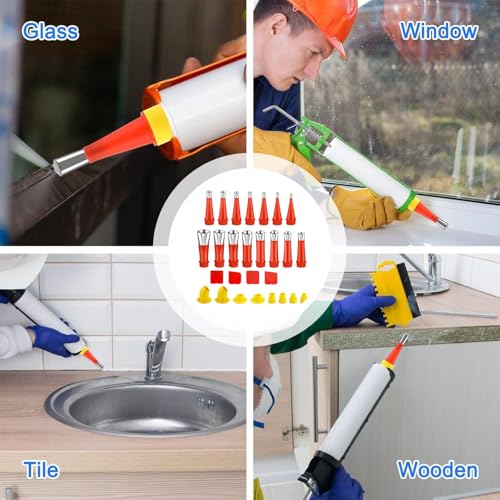 28 Stück Edelstahl Dichtungsdüse, Gummidüse Werkzeug Kit,Integriertes Gummidüsen, Transparent Silikontüllen, für Badezimmer, Küchen, Türen und Fenster, Rahmendichtungen
