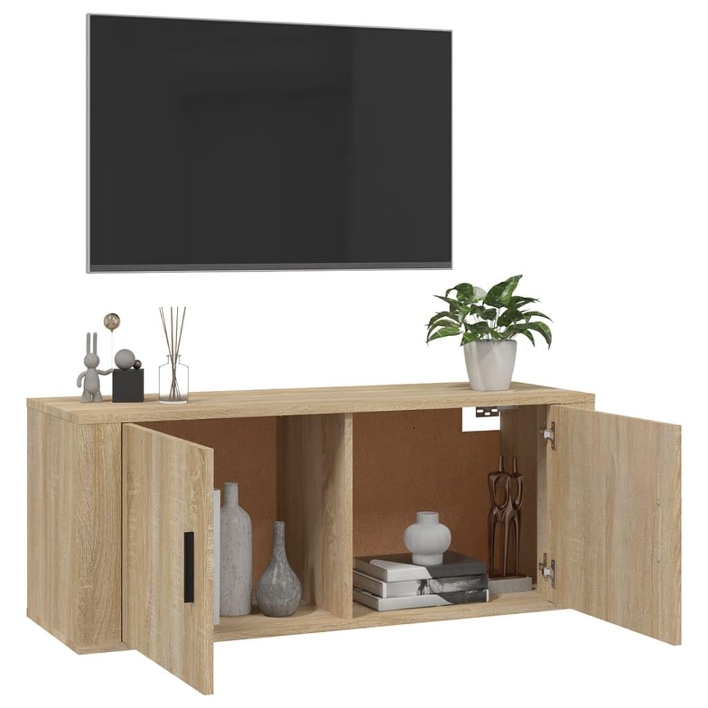 Naścienna szafka pod telewizor dąb Sonoma, 100 x 34,5 x 40 cm, pływający regał na media, wytrzymała konsola z 2 półkami, do salonu, stabilna, uniwersalna podstawka pod telewizor