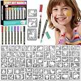 Temporary Tattoo Markers for Skin, 8 Temporary Tattoo Markers + 142 Cartoon Tattoo Stencils for Kids Teens, Flexible Brush Tip & Bright Colors Body Marker and Fake Tattoo Stencil Set for Party Favor