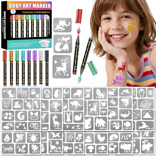 Temporary Tattoo Markers for Skin, 8 Temporary Tattoo Markers + 142 Cartoon Tattoo Stencils for Kids Teens, Flexible Brush Tip & Bright Colors Body Marker and Fake Tattoo Stencil Set for Party Favor