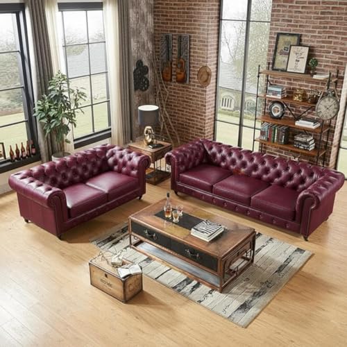 Image of UMAR ARTS Luxury Chesterfield Leatherate Sofa Set, Tufted Genuine Leatherate, Classic Living Room Furniture (Maroon 3+2)
