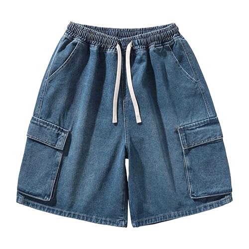 QOAAIE Elastic Drawstring Denim Shorts for Men Baggy Fashion Jean Shorts with Pockets Work Streetwear Shorts (Dark Blue E1,2XL)