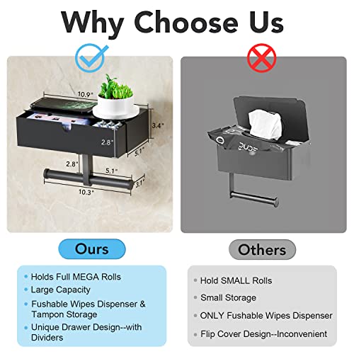 Toilet Paper Holder With Storage - Flushable Wipes Tampons Dispenser & Storage, Stainless Steel + Acrylic Design Wall Mounted Double Roll Toilet Paper Holder With Shelf, Tissue Roll Holder #TOP5