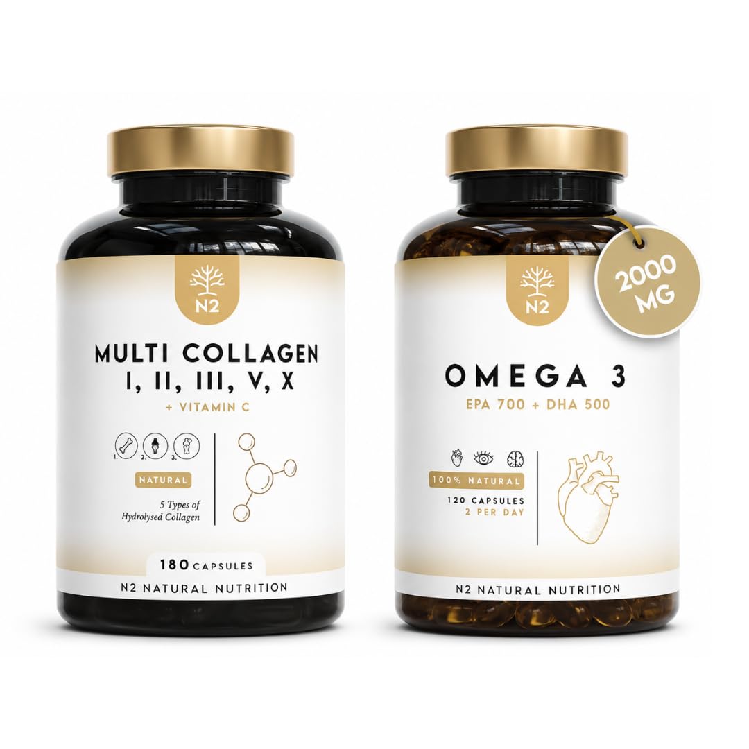 Multi Collagene + Omega 3 N2 Natural Nutrition: Pack 2 Prodotti Collagene Tipi I II III V X con Vitamina C e Olio di Pesce 2000 mg EPA 700 DHA 500 180 Capsule e 120 Softgel