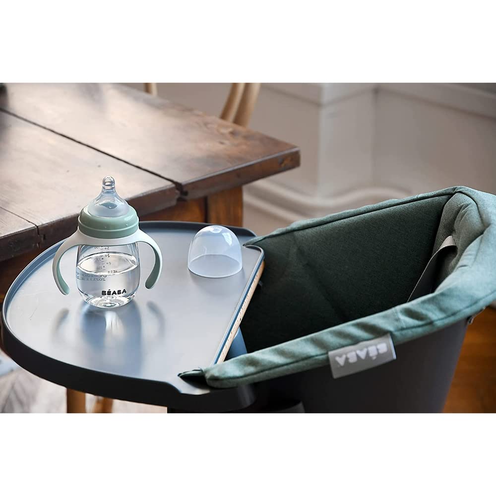BÉABA, Biberon/Tasse d'apprentissage 2 en 1, Tasse Paille Enfant, 100% étanche, Anti-fuite, Facile à Ouvrir, Poignées amovibles, Tritan et Silicone, 210 ml, Vert sauge