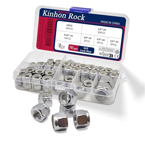 Kinhon Rock 70pcs SAE Lock Nuts Assortment Set Nylon Insert 304 Stainless Steel Hex Lock Nuts Kit 10#32 1/4'-20 5/16'-18 3/8'-16 1/2'-13 with Box Reusable for DIY Home Automotive Industrial