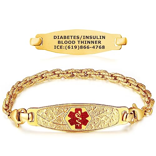 Divoti Custom Engraved Medical Alert Bracelets For Women, Medical Bracelet, Medical Id Bracelet W/Free Engraving – Pvd Gold Elegant Olive Tag W/Pvd Gold Heart Link-Tp Red-7.0" #TOP20