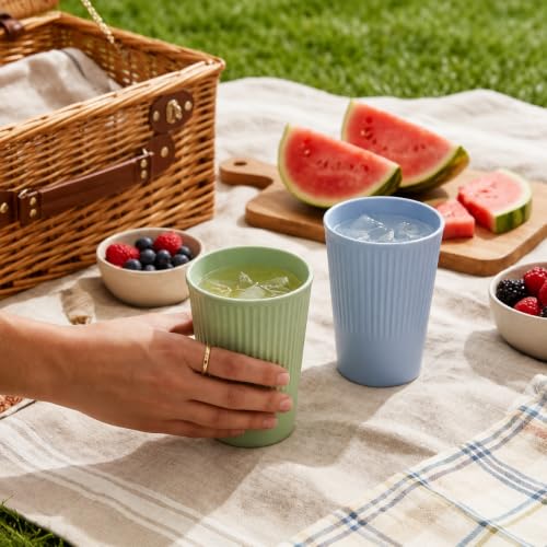 Image of Wheat Straw Cups - Set of 4 Reusable 400ml Drinking Glasses | Ribbed Unbreakable Lightweight Tumblers for Water, Juice, Tea, Coffee | Home, Kitchen, Outdoor Use (Multicolor)