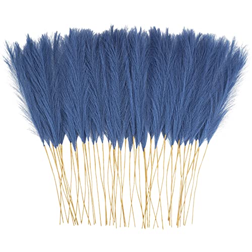 50pcs Faux Pampas Grass, 21.6" Short Artificial Pompous Grass Floral Fake Pompas Grass Branches Vase Filler Flower Arrangement for Home Wedding Boho Decor, Blue