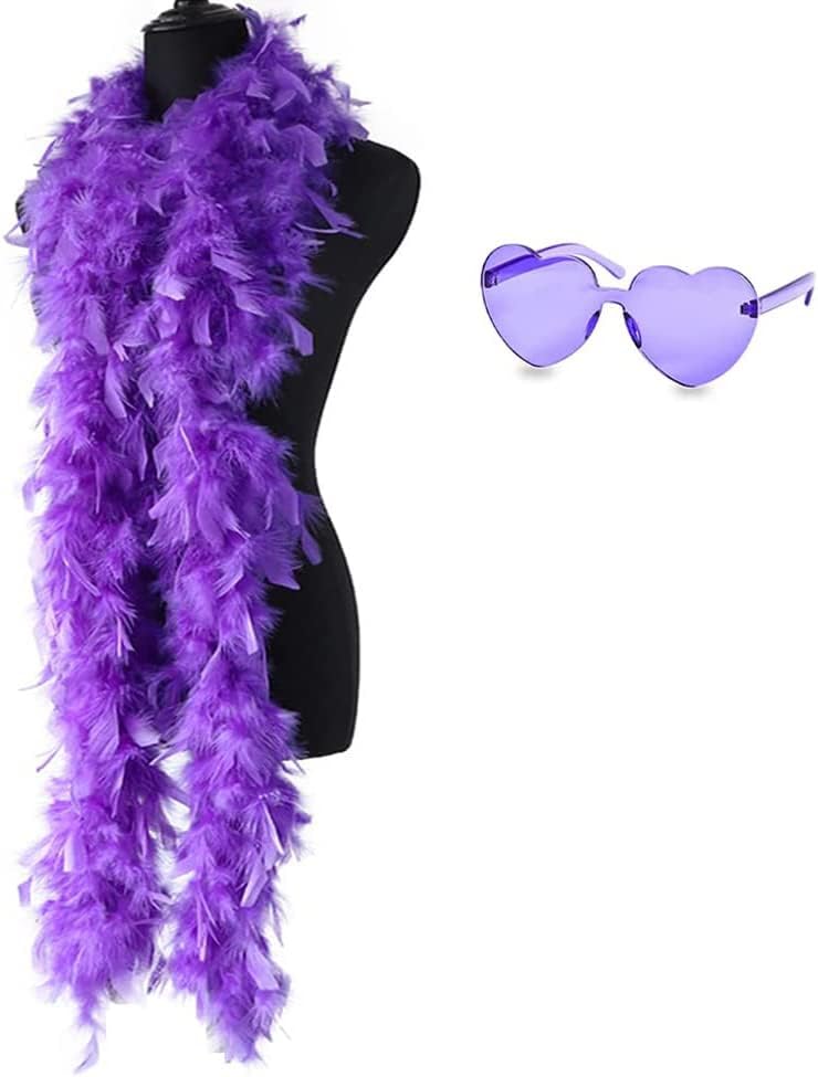 Feather Boa and Heart Glasses Fancy Dress Accessory, 78"/200cm Long Feather Boa, Hen Night Accessory Fancy Dress 1920s Feathers Boa for Festivals Pride Hen Party Stag Do Halloween Christmas Purple
