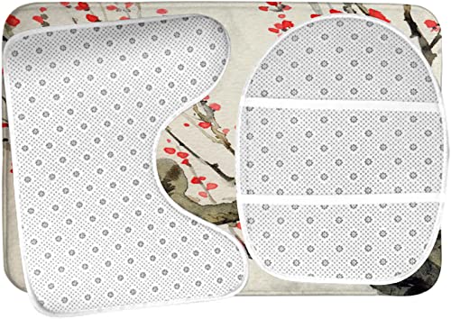 Badezimmerteppich-Set, 3-teilig, Die Leuchtend roten Blumen auf den Ästen eines Alten Baums, waschbarer Badeteppich, rutschfest, mit Rückenpolster, Konturteppich und Toilettendeckelbezug – Bild 6