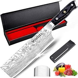 MOSFiATA Nakiri Knife 7inch, Professional Japanese Chef’s Kitchen Knives, High Carbon German Stainless Steel Sharp Cooking Knife, Multipurpose Meat Vegetable Chopping Knife Set with Finger Guard Gift