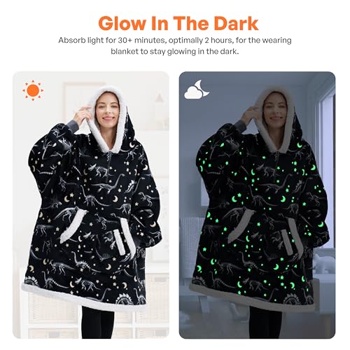 Image of Giggling Getup Wearable Blanket Hoodie for Adults Gifts for Teen Girls Sister Women Sherpa Fleece Printed Hooded Blanket Sweatshirt Warm Cozy with Pocket & Sleeves Black Glowing Dinosaur