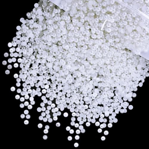 qiipii 3200PCS 4mm Small Pure White Round Half Round Pearls for Crafting Imitation Loose Flatback Beads Gems for Nails Face Eyes Makeup Wedding Tumblers Bottles Crafts Bedazzling Clothes Shoes Phones