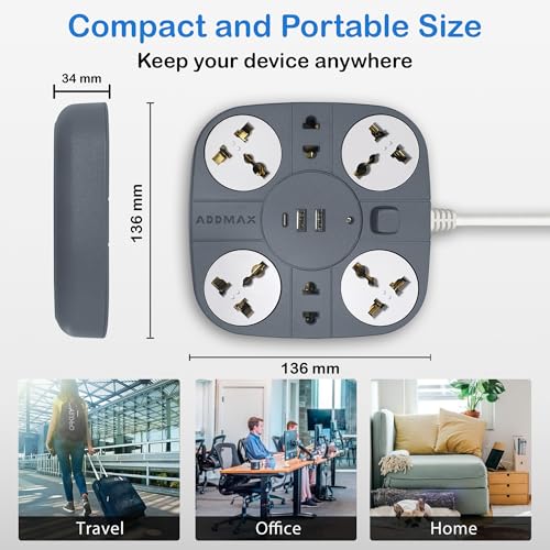 Image of ADDMAX Extension Board with USB | 6 Power Sockets, 2 USB Ports + 1 Type-C Port | 1.8M Heavy Duty Cord | 10A 220V Multi Plug Extension Cord | Fireproof Power Strip for Home, Office & Laptop - Grey