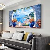 LAVIKARS Seascape Wall Art Navy blue Oil Painting Reproduction Print Modern window view Canvas Paintings Artwork Landscape Picture for Living Room Bedroom Home Kitchen Decor (20x40inch)