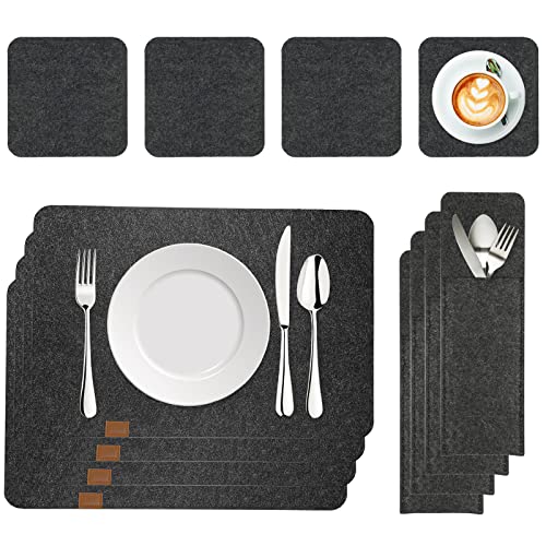 Newaner Manteles Individuales de Fieltro,Salvamanteles individuales 12 reutilizable lavables,4 manteles individuales(43*29cm)+4 posavasos+4 bolsas para cubiertos Apto para cocina y comedor-gris oscuro