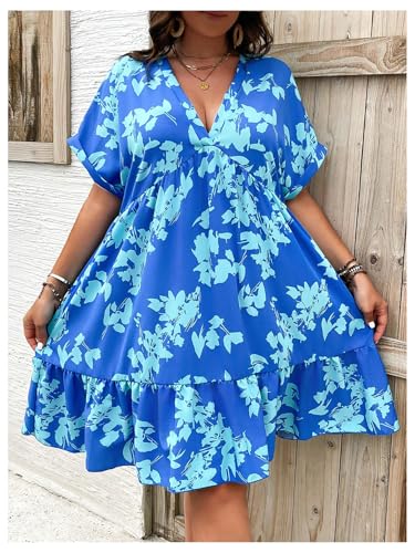 Image of Floerns Women's Plus Size Summer Vacation Wrap V Neck Short Sleeve Ruffle Hem A Line Hawaiian Short Dress