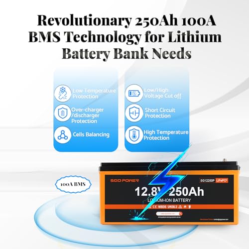 Image of SGO LiFePO4 Battery 12V 250Ah Deep Cycle Lithium Battery, Low-temp Protection, Max 15000 Cycles, 1280W 100A BMS with Bluetooth for RV, Off-grid, Trolling Motor, Marine, UPS, Solar System