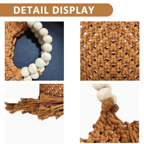 Bolsa tejida de algodón para mujer con asa de cuentas de madera miniatura 5