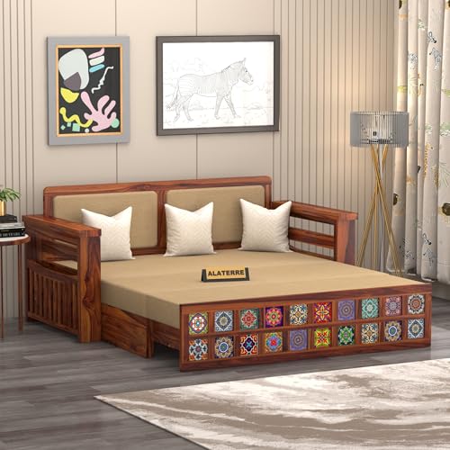 Image of Solid Sheesham Wood Sofa Cums Bed with Cushioned Seating & Handcrafted Tile Storage Front | Rosewood Convertible Sofa Bed for Living Room & Bedroom (Honey)