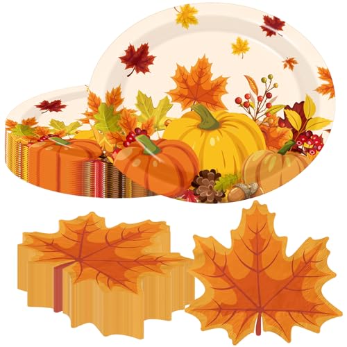 OGMOGKW Fall Party Decorations Plates and Napkins 100 Pcs Autumn Plate and Napkins include Oval Pumpkin Paper Plates Maple Leaf Napkins for Fall Theme Party Thanksgiving Supplies