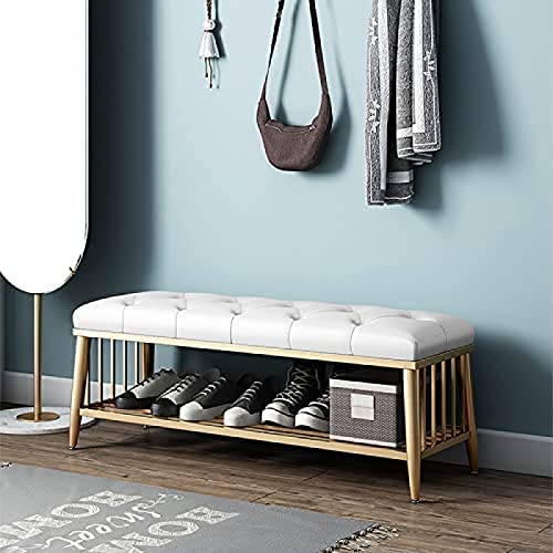Banco De Zapatos De Entrada con Asiento De Cuero De PU, Banco De Zapatero De Primera Calidad Organizador De Zapatos Estante De Zapatos Dorado, Banco De Entrada Moderno,Blanco,80X35X45Cm