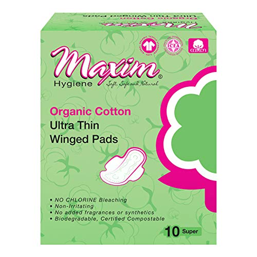 Maxim Ultrathin Winged Cotton Organic Maxi Pads, Nighttime/Sup, 30 ct, Wrapped, No Chlorine/Dioxin/Chemical/SAP, ICEA Approved, Biodegradable Breathable Hypoallergenic, Cotton Pads, 3 Packs of 10
