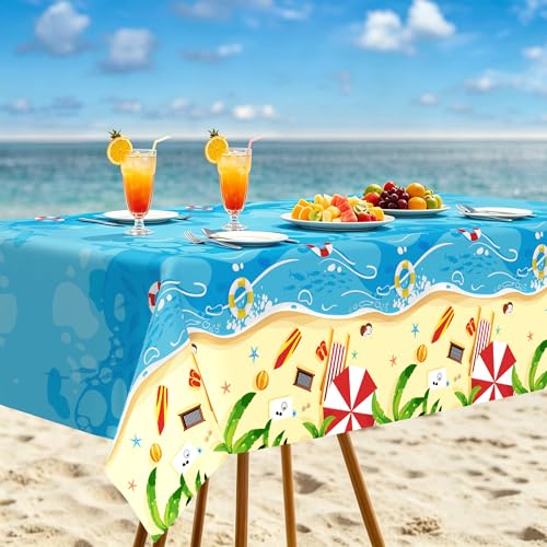Image of QZYL 4 PCS Summer Beach Tablecloth, 54 x 108 Inch Pool Beach Tablecloth Summer Party Decorations, Disposable Plastic Beach Table Cloth, Hawaiian Table Cloth for Summer Tropical Pool Party Decorations
